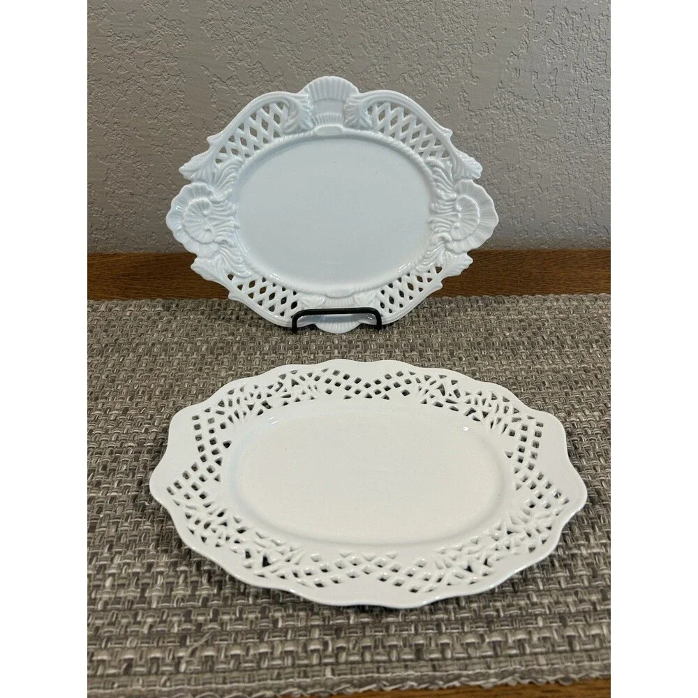 Vintage White Milk Glass Oval Dish Plate Lattice Edge Set Of 2 - 8 X10.25 & 7x10